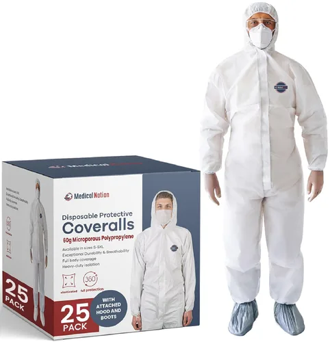Miniatura 20 de Medical Nation Overoles de Material Peligrosos Desechables Pack de 25 Overoles Protectores con Capucha y Botas Adjuntas Overol para Pintura
