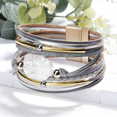 Miniatura 4 de Fesciory - Pulsera de piel de leopardo para mujer, pulsera de cuero multicapa, brazalete con cierre magnético, joyería
