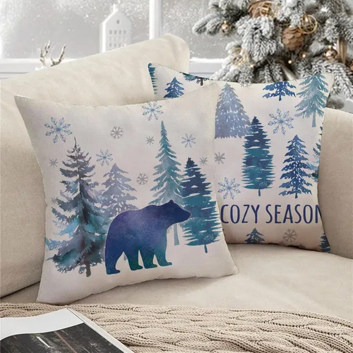 Miniatura 6 de Juego de 4 fundas de almohada decorativas de color azul pino de invierno de 18 x 18 pulgadas, Let It Snow en acuarela, bosque, oso, reno, copo