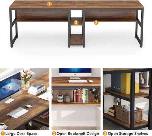 Miniatura 7 de Tribesigns Escritorio para Dos Personas con Estantería, Escritorio Doble de Oficina y Computadora de 78.7 Pulgadas para Dos Personas, Mesa Rústica