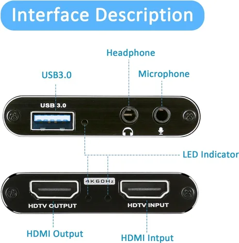 Miniatura 3 de TCNEWCL Tarjeta de captura de video de audio 4K, dispositivo de captura de video HDMI USB 3.0, Full HD 1080P, entrada de audio de 0.138 in, HDCP