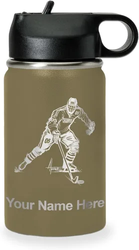 Miniatura 26 de LaserGram Botella de agua personalizada, jugador de hockey, acero inoxidable de doble pared aislada al vacío con popote superior, regalo grabado