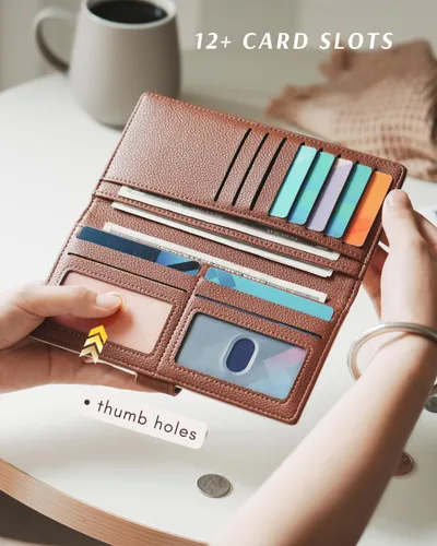 Miniatura 4 de Unilily Cartera delgada para mujer, con bloqueo RFID, de piel vegana, plegable, tarjetero con 2 ventanas de identificación y bolsillo con Lila