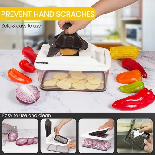 Miniatura 6 de RüK Picador de verduras, picador cortador de verduras extra grande, picador de alimentos profesional multifuncional 10 en 1, 6 cuchillas, 4