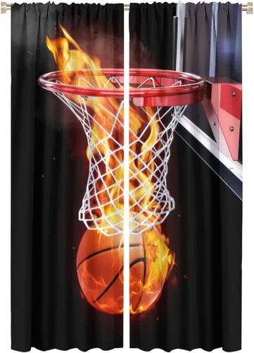 Miniatura 29 de Cortinas deportivas de baloncesto para niños, patrón de llama de bola 3D naranja, 42 pulgadas de ancho x 45 pulgadas de largo