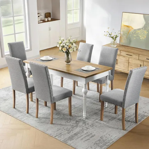 Miniatura 4 de Silla de comedor tapizada moderna y elegante Parsons con respaldo alto con ribete de cabeza de clavo de bronce y patas de madera, juego de 4, gris