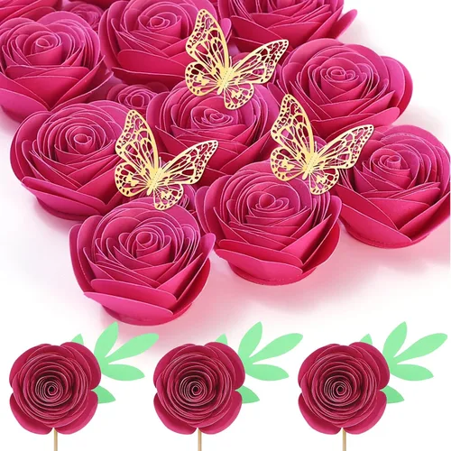 Miniatura 10 de Mverse Rosas Azul Claro Flores Artificiales, Mini Flores de Papel Manualidades DIY Decoraciones de Regalo para Marco de Caja de Sombra 16- Azul claro