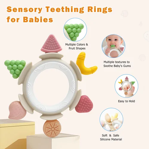 Miniatura 3 de Anillo de dentición para bebés de 3 a 6 a 12 meses, mordedor de silicona para aliviar el dolor de encías, juguete sensorial calmante para masticar