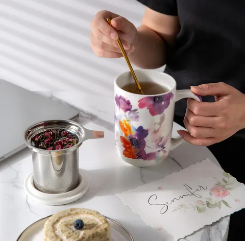 Miniatura 6 de AmorArc Taza de Té de Porcelana con Infusor y Tapas, Taza Grande de 18 Oz con Colador y Soporte para Bolsa para Té de Hojas Sueltas, Taza de Café