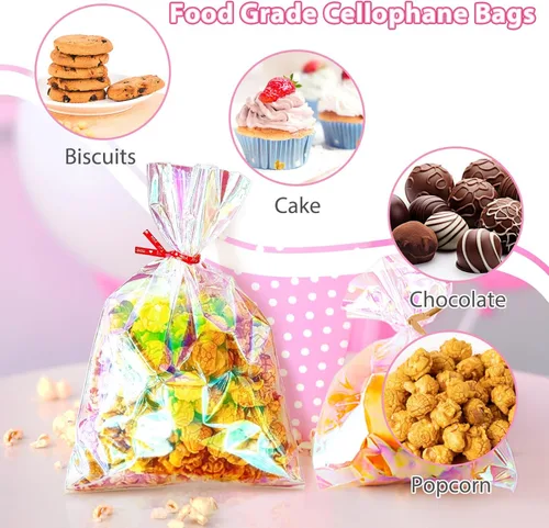 Miniatura 5 de Bolsas de celofán iridiscentes de 5 x 7 pulgadas con lazos giratorios, bolsas de golosinas para galletas, chocolates y palomitas de maíz
