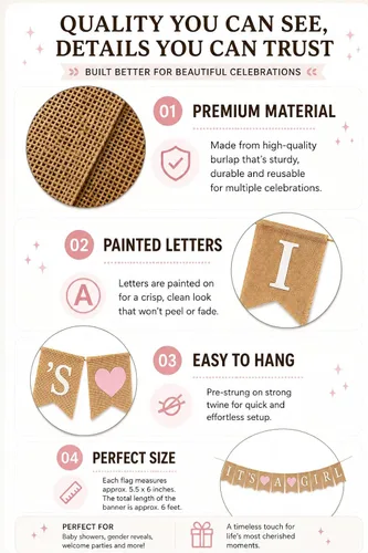 Miniatura 5 de Cartel de arpillera con texto en inglés "It's a Girl" para decoración de baby shower y fiesta de revelación de género (corazones rosa claro)