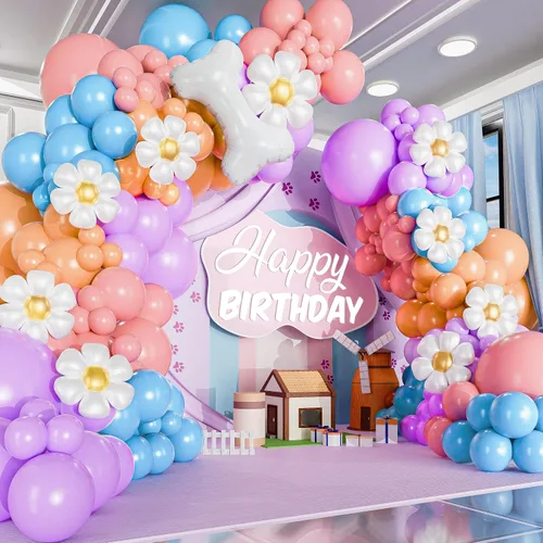 Miniatura 5 de Kit de arco de globos azules TODO EN 1 con globos BONUS de hueso y margarita para decoración de cumpleaños de niña - Guirnalda de globos pastel