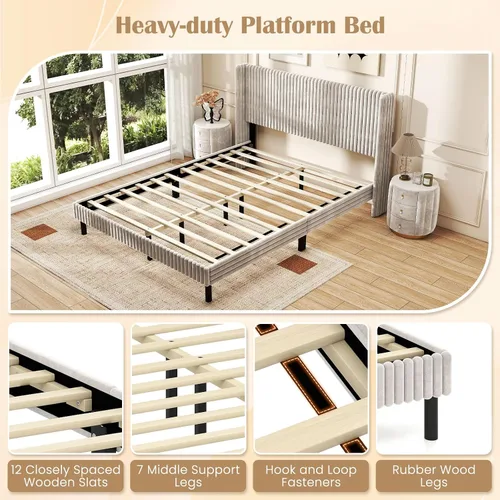 Miniatura 6 de Giantex Base de cama de terciopelo tamaño Queen, plataforma tapizada con cabecera vertical copetuda, base de colchón de soporte de listones