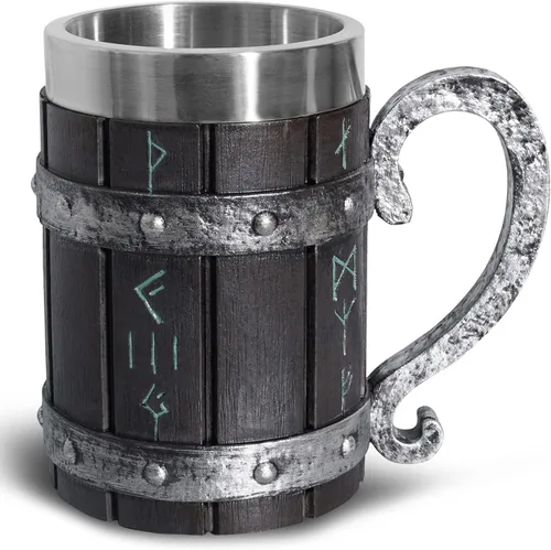 Miniatura 2 de Taza vikinga nórdica, jarra de cerveza de madera de roble, forro de acero inoxidable, mitología nórdica, taza de café de runas vikingas para Taza