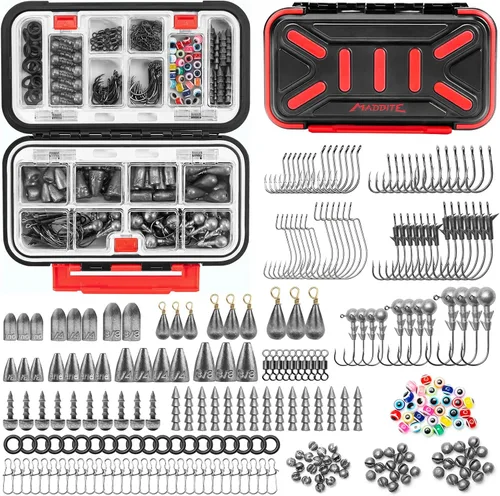Miniatura 10 de MadBite by KastKing 182/265/400pcs Compact Fishing Tackle Kit - All-in-One Freshwater Hooks, Weights, Bobbers in Tackle Box, Fishing Gear Set for