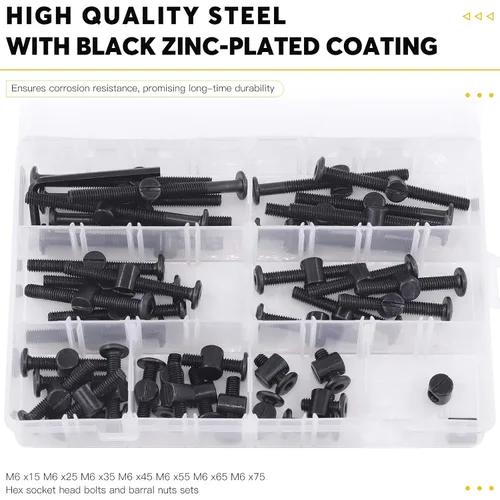 Miniatura 5 de 140 tornillos de cuna M6 Kit de repuesto de tornillos hexagonales negros, pernos de cuna y tuercas de barril, kit surtido de clavijas cruzadas