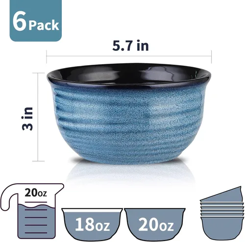 Miniatura 5 de Hasense - Juego de 6 tazones de cereales, 20 onzas, juego de tazones de sopa de cerámica para cocina, apto para cereales, sopa, arroz, pasta, Azul