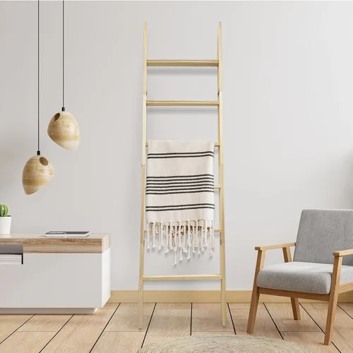 Miniatura 6 de Escalera para Mantas de 6 Niveles – Perchero de Edredones de 5.5 Pies (1.68 m) para Apoyar en la Pared, Almacenamiento de Mantas Estilo Granja