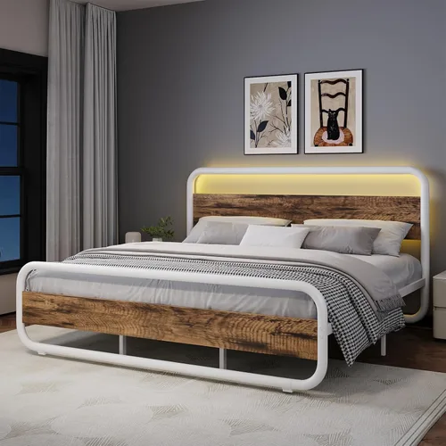 Miniatura 14 de Catrimown - Marco para cama individual con luces LED, marco de cama plataforma individual resistente de metal rústico con cabecera de madera