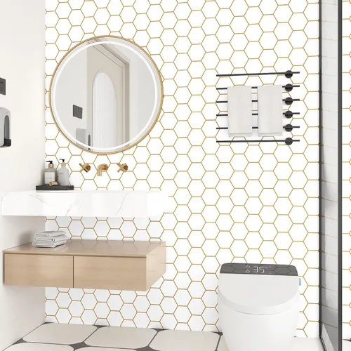 Miniatura 4 de Papel tapiz adhesivo dorado para despegar y pegar, papel tapiz hexagonal extraíble, geométrico, autoadhesivo, moderno, enrejado, de vinilo de 17.5 x