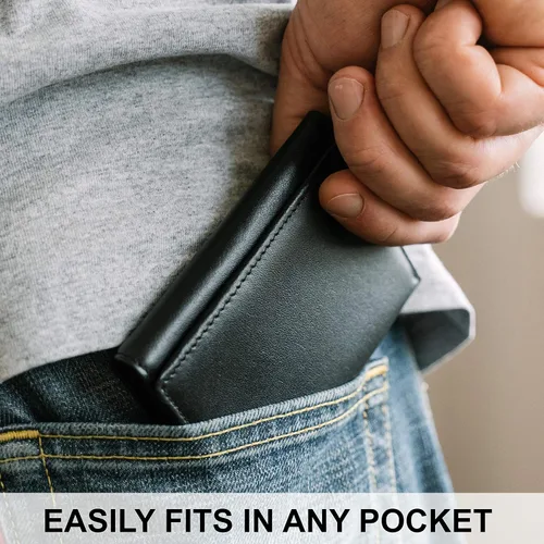 Miniatura 6 de STAY FINE Billetera de cuero RFID triple para hombre con identificación abatible, soporte delgado para tarjetas de capacidad extra, listo