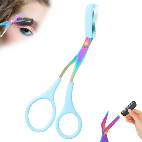 Tijeras de cejas 2 en 1 con peine, cortador de cejas de acero inoxidable de precisión, tijeras de aseo antideslizantes para hombres y mujeres, Azul