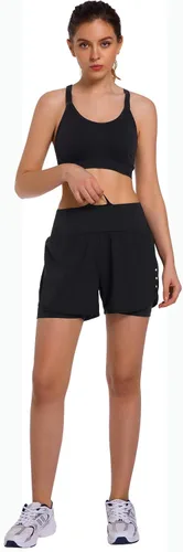 Miniatura 3 de Ksmien - Pantalones cortos de correr 2 en 1 para mujer, ligeros, para entrenamiento, gimnasio, yoga, forro con bolsillos para teléfono