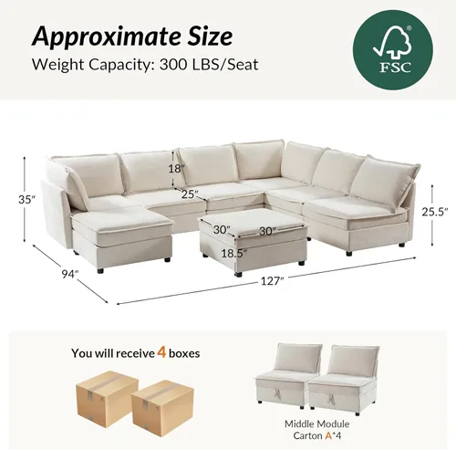 Miniatura 2 de HULALA HOME Sofá seccional modular, sofá grande en forma de U de 8 asientos con otomano de almacenamiento, sofá cómodo de chenilla con asiento