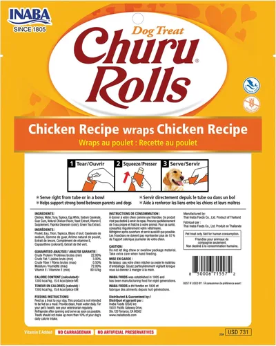 Miniatura 6 de INABA Churu Rollos para perros, golosinas suaves y masticables envueltas de pollo al horno, 0.42 onzas cada tubo, 48 tubos en total, receta de pollo