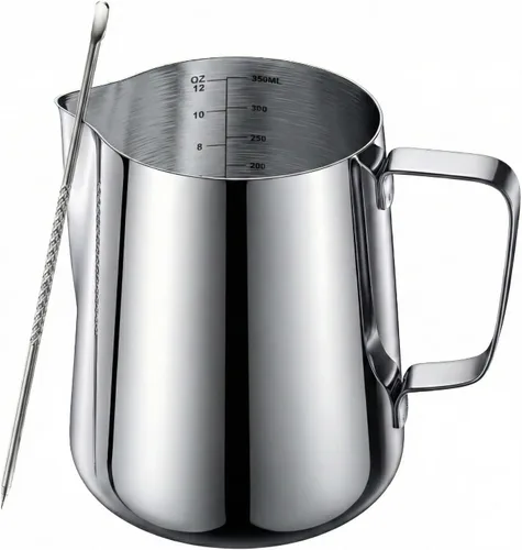 Jarra de espuma de leche de 12 onzas con medidas, jarra de vapor de acero inoxidable (11.8 fl oz) y bolígrafo de arte con leche, taza de crema de