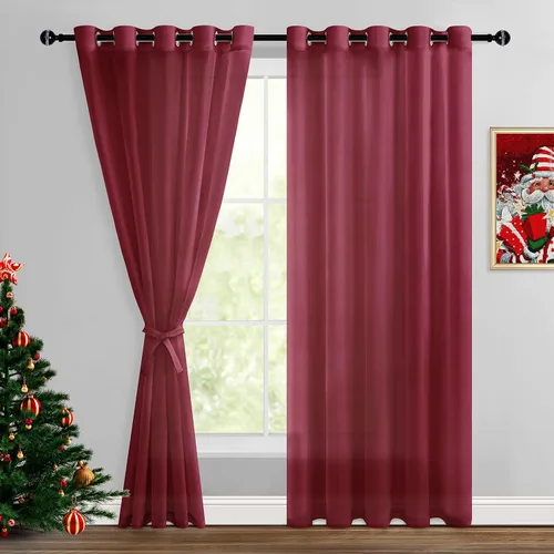 Miniatura 30 de Hiasan - Cortinas traslúcidas de gasa cortas semitransparentes con ojales y alzapaños filtrantes de luz para ventana, dormitorio, baño, 2 paneles