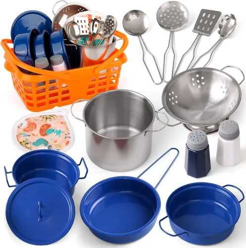 Juego de accesorios de juguete de cocina para niños pequeños, juego de cocina para niñas y niños, incluye ollas y sartenes coloridas (azul)