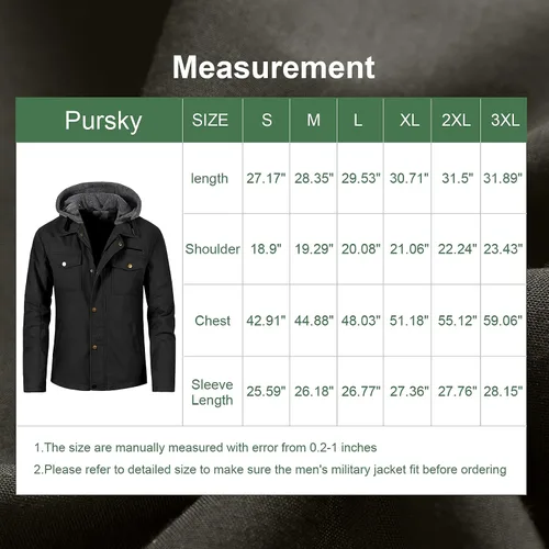 Miniatura 7 de Pursky Chaqueta de lona de algodón militar casual para hombre con capucha desmontable