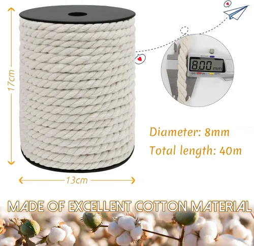 Miniatura 2 de JeogYong Cordón de macramé de 8mm, cuerda de lana de macramé de algodón natural de 131 pies, cordón de algodón trenzado de 3 hebras, hilo de macramé