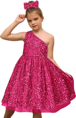 Miniatura 2 de GRACE KARIN Vestido de lentejuelas para niñas, vestido de fiesta de boda de un hombro con lazo para el pelo, 5-12 años