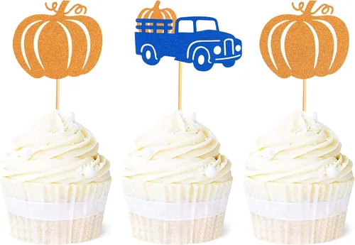 Ercadio Paquete de 24 adornos de calabaza para cupcakes con purpurina de cosecha de otoño, calabaza, cupcakes, decoraciones para calabaza, tema de