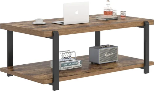 Miniatura 8 de FOLUBAN Mesa de centro moderna, mesa central de madera rústica con almacenamiento para sala de estar, rectangular industrial de 2 niveles, mesa
