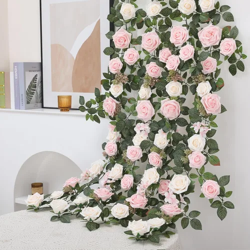 Miniatura 3 de Senseya Guirnalda de flores de rosas artificiales de 5 pies, vid floral falsa rosa rubor con hojas de rosa, guirnalda de flores rústicas para telón