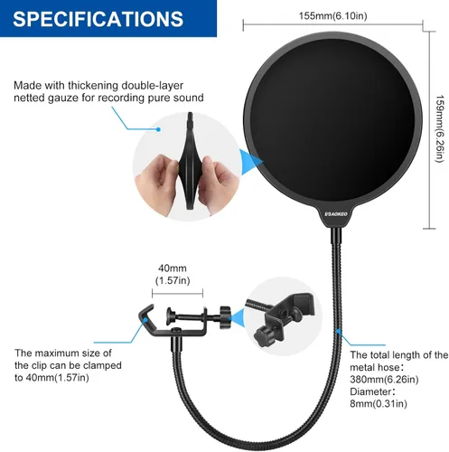 Miniatura 6 de Aokeo - Filtro pop profesional para micrófono, máscara protectora para Blue Yeti y cualquier otro micrófono, pantalla pop de viento de doble capa