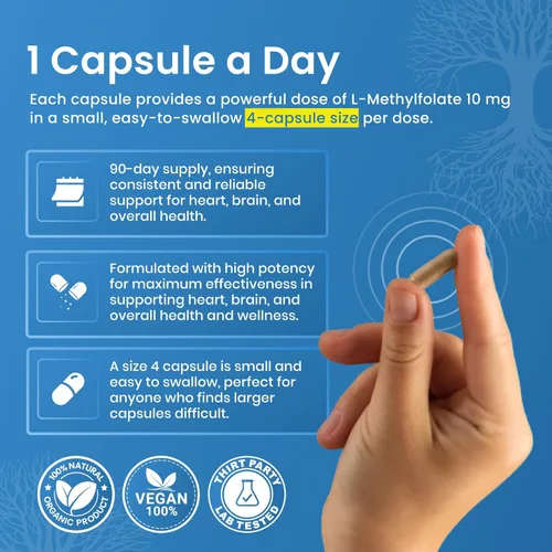 Miniatura 9 de L Metilfolato de 10 mg 90 cápsulas Suplemento de metilfolato optimizado y altamente bioactivo 5-MTHF soporta energía, enfoque y estado