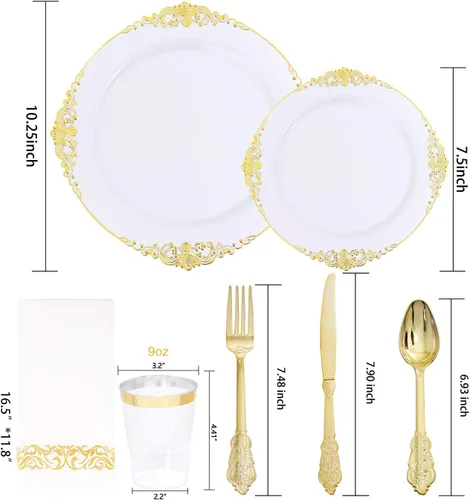 Miniatura 8 de Nervure - 150 piezas de platos de plástico negro transparente con borde dorado y cubiertos de plástico dorado, desechables, para boda, fiesta