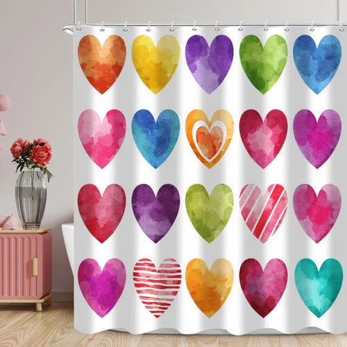 Miniatura 12 de Cortina de ducha para el día de San Valentín, diseño de corazones amorosos rojos, diseño romántico de San Valentín, años 60, 70, retro, impermeable