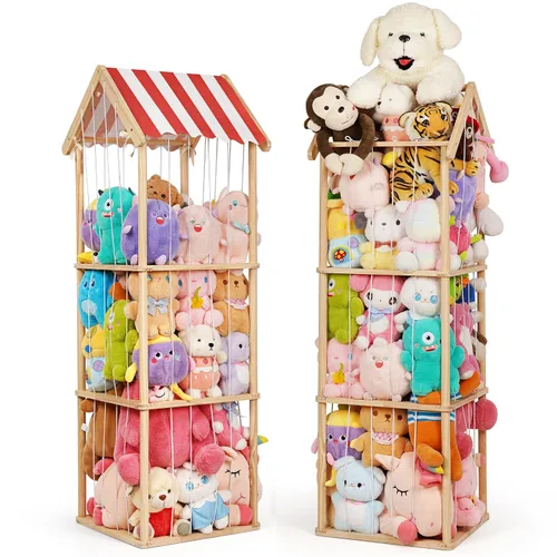 Miniatura 12 de Edudif Almacenamiento de animales de peluche, soporte vertical para animales de peluche de madera, fácil montaje, organizador de juguetes de peluche