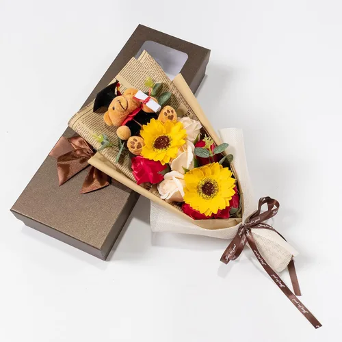 Miniatura 7 de Ansuma Ramo de flores de jabón perfumado de girasol rosa de graduación de 13 pulgadas, mini oso de peluche con tapa de graduación, arreglos Azul