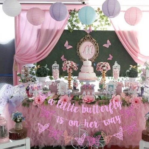 Miniatura 3 de Decoración de fiesta de baby shower con diseño de mariposa con purpurina rosa "A Little Butterfly Is On Her Way" para fiesta temática de mariposa