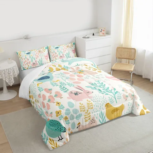 Miniatura 3 de Juego de edredón de pollo tamaño individual, juego de ropa de cama de conejo azul y rosa, caricatura Kawaii de animales salvajes, edredón amarillo