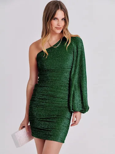Miniatura 8 de ANRABESS Vestido corto de cóctel de un hombro para mujer, con purpurina, sexy, fruncido, entallado, para fiesta, graduación, vestido corto formal