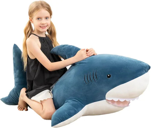Miniatura 23 de MorisMos Peluche de tiburón gigante de 39 pulgadas, almohada grande de peluche de tiburón para niños, novia, color azul Tiburón azul 39