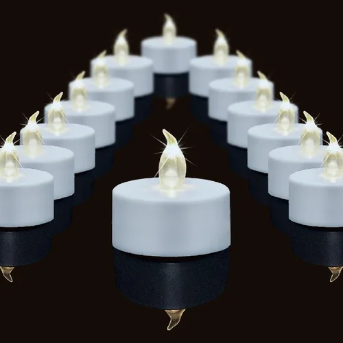 Velas de té sin llama, juego de 24 velas LED a pilas con parpadeo eléctrico, vela votiva falsa realista, lámpara de luz blanca cálida de larga