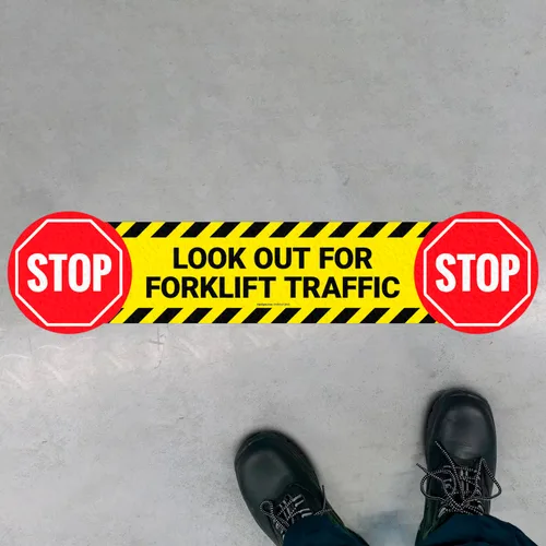 Calcomanía de suelo con texto en inglés "Stop Look Out for Forklift Traffic", 26 x 6 pulgadas, adhesivo antideslizante, fabricado en Estados Unidos